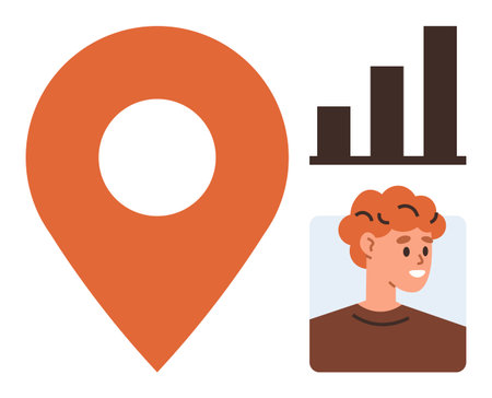 Orange geolocation marker, profile picture of a smiling person, and a three-bar chart signifying data insight. Ideal for themes of analytics, tracking, navigation, technology, marketing, profileのイラスト素材