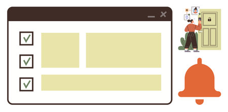 Task checklist window with ticked boxes, individual securing a door with passcode, and red alert bell. Ideal for task management, security, alerts, notifications, organization, productivity simpleのイラスト素材