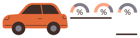 Compact car adjacent to three semi-circular gauges displaying percentages. Ideal for transportation analysis, vehicle data, efficiency evaluation, performance tracking, fuel monitoring, statisticsのイラスト素材
