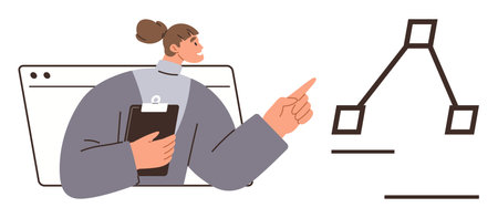 Professional woman holding clipboard, pointing at flowchart design. Ideal for presentation, workflow, planning, team management, education, strategy visual communication. Simple flat metaphorのイラスト素材