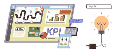 Interactive screen featuring KPI analytics, financial graphs, progress tracking, and user interfaces, paired with a light bulb signifying innovation and web access. Ideal for business strategyのイラスト素材