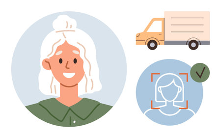 Woman smiling in portrait frame, delivery truck for logistics, and face recognition check mark. Ideal for identity verification, logistics, technology, security, shipment AI professional use. Aのイラスト素材