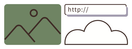 Minimalist mountain and sun over green background, URL search bar, and cloud graphic. Ideal for...