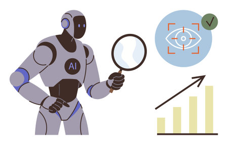 Humanoid AI robot holding a magnifying glass, eye recognition symbol with checkmark, and upward growth chart. Ideal for technology, AI, data analysis, automation, innovation, machine learningのイラスト素材