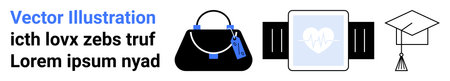 Fashionable handbag with blue tags, smartwatch featuring heart symbol on screen, and academic graduation cap. Ideal for education, technology, fashion, lifestyle, health, smart wearables flatのイラスト素材