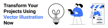 Light bulb symbolizing ideas, person with a tablet, and an online storefront. Ideal for creativity, teamwork, innovation, digital solutions, technology online shopping and marketing. Perfectのイラスト素材