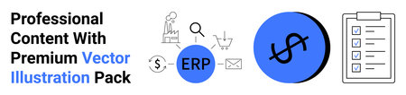 Dollar sign in blue circle, ERP icon, checklist, and business tool symbols for organized workflow. Ideal for finance, planning, analytics, e-commerce, strategy IT flat landing page bannerのイラスト素材