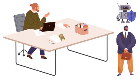 Person using laptop at desk with books and files. Robot holding shield and business professional standing nearby. Ideal for technology, teamwork, data security, privacy, office, innovation, strategyのイラスト素材