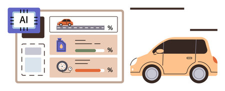 Dashboard tracks cars performance with AI, showing fuel level, tire health, status. Ideal for automotive innovation, AI analytics, smart driving, fleet management, efficiency IoT modernのイラスト素材