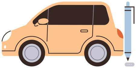 Orange compact car paired with a giant pen suggesting innovation, creativity, mobility, and modern design. Ideal for transportation, design, urban planning, automotive ideas, creativity technologyのイラスト素材