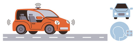 Self-driving orange car equipped with sensors and wireless systems on road. Includes frontal car view and AI-driven face recognition concept. Ideal for innovation, transportation, technologyのイラスト素材