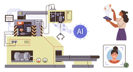 Advanced factory machinery with AI automation, robotic arm, data processing, and face recognition software. Ideal for manufacturing, automation, AI, innovation, smart tech robotics productivityのイラスト素材