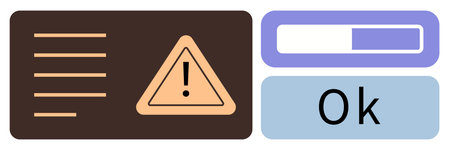 Warning triangle with exclamation mark, vertical text lines, progress bar, and Ok button. Ideal for...