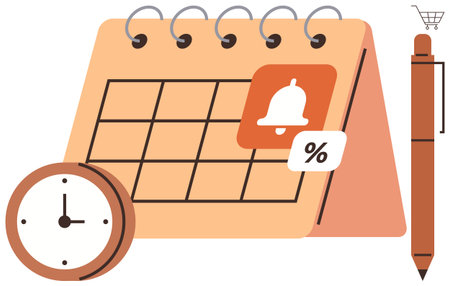 Calendar with notification bell, clock, discount tag, pen, and shopping cart signifying planning, scheduling, organization, productivity reminders e-commerce and task prioritization. Idealのイラスト素材