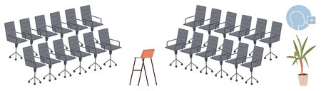 Rows of gray office chairs flank a single red chair in the center, paired with a plant and speech bubble. Ideal for leadership, individuality, contrast, workspace, presentation, diversityのイラスト素材