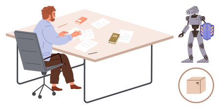 Businessman working at desk with papers, books, and a robot holding a delivery package. Ideal for tech innovation, automation, logistics, teamwork, business solutions, modern tech simple flatのイラスト素材