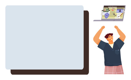 Man raising arms in celebration near laptop displaying cybersecurity elements thumbs up shield and locks. Ideal for safety, protection, technology, privacy, success, internet security, simple flatのイラスト素材