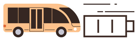 Electric bus alongside a fully charged battery icon representing eco-friendly, renewable energy-powered public transport. Ideal for sustainability, clean energy, urban transit, modern technologyのイラスト素材