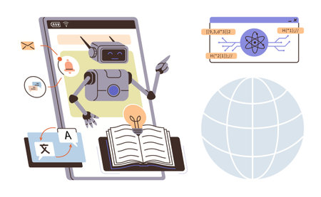 Robot on tablet screen pointing towards books and translation tools, highlighting an educational interface. Ideal for AI, education, e-learning, digital communication, translation, science, simpleのイラスト素材