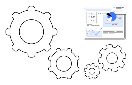 Large and small gears symbolize collaboration and process flow, complemented by a digital analytics dashboard showing charts. Ideal for teamwork, automation, strategy, efficiency, innovation, systemのイラスト素材