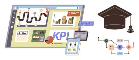 KPI dashboard tracks progress and performance. AI-based workflow connects data processes. Graduation cap highlights education and growth. Ideal for analytics, AI, e-learning, strategy, planningのイラスト素材