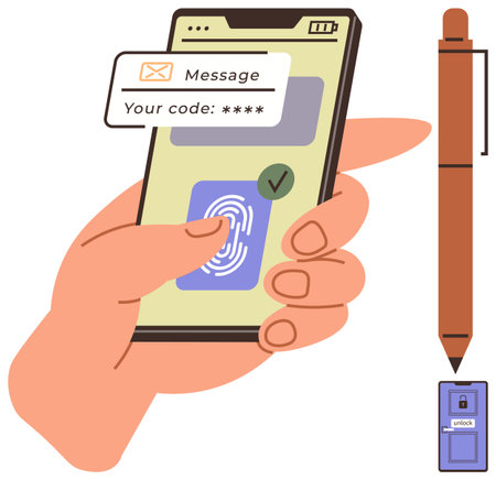 Hand holding phone with fingerprint scanner, verification message, and checkmark. Nearby, smart pen and digital security key. Ideal for security, technology, biometrics, innovation apps gadgetsのイラスト素材