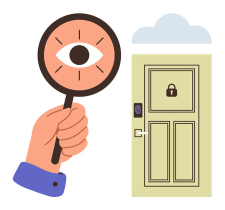 Hand holding magnifying glass with eye, locked door with keypad, and cloud above. Ideal for security, privacy, investigation, technology, surveillance, data access simple flat metaphorのイラスト素材
