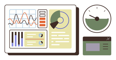 Analytical dashboard with line chart, pie chart, bar graph, gauge meter, pop-up window. Ideal for data analysis, performance monitoring, metrics tracking, project management reporting infographicsのイラスト素材
