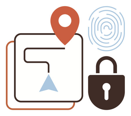 Map route, red location pin, fingerprint, and padlock highlight data protection, navigation, and safety. Ideal for cybersecurity, privacy, GPS services identity verification user safety app UIのイラスト素材