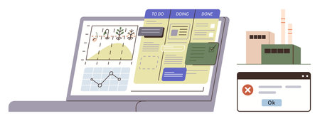 Open laptop screen displaying charts, task board stages, and a monitoring alert near a factory setup. Ideal for productivity, project management, workflow optimization, industry monitoring, dataのイラスト素材
