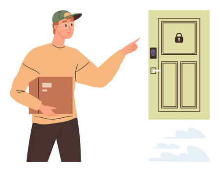 Delivery worker with cap and parcel points at a smart secure door with keypad lock. Ideal for delivery, technology, safety, security, e-commerce, smart home access, simple flat metaphorのイラスト素材