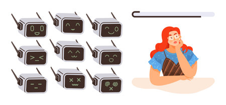Curious woman looks at small AI robots displaying different emotions on screens. Ideal for...