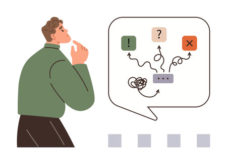Male figure in thinking pose near speech bubble with arrows, exclamation, question, and X signs. Ideal for decision-making, uncertainty, problem-solving, leadership, choice analysis brainstormingのイラスト素材