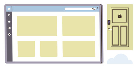 Web interface featuring navigation panel, search bar, and sections with a lock-secured door on the right. Ideal for cybersecurity, data access, digital security, user authentication, website privacyのイラスト素材