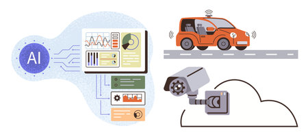 AI dashboard with statistical data, autonomous car on road, and security camera connected to cloud. Ideal for innovation, technology, analytics, automation, security, smart systems digitalのイラスト素材