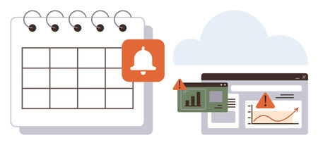 Calendar with a bell notification icon and a dashboard showing graphs, charts, and error alerts. Ideal for schedule management, reminders, deadlines, analytics, notifications, error trackingのイラスト素材