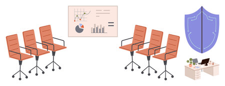 Rotating office chairs, a data chart, shield icon, and a work desk with essentials. Ideal for teamwork, workplace productivity, corporate culture, data analysis, security planning simple flatのイラスト素材