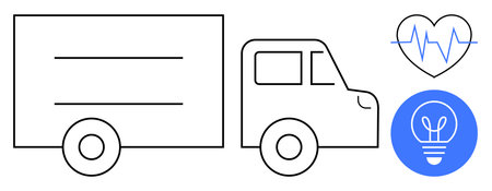 Truck outline with heart and heartbeat for wellness, light bulb for creativity. Ideal for logistics, health, technology, sustainability, services, innovation ideas, simple landing pageのイラスト素材
