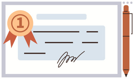 Certificate featuring prominent ribbon, signature, and pen denoting awards, recognition, or achievement. Ideal for education, certification, career milestones, training motivation leadershipのイラスト素材