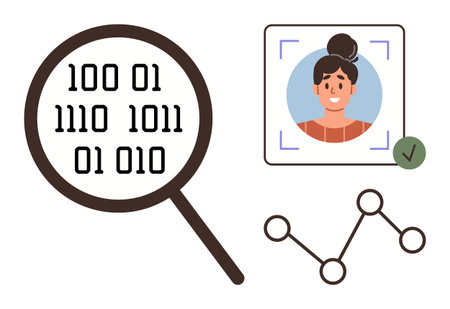 Magnifying glass examines binary code, verified profile photo with facial recognition frame and tick mark, and network connection. Ideal for technology, security, biometrics, AI, data analysisのイラスト素材