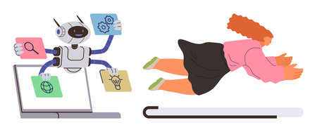 Robot presenting icons for search, tools, globe, and ideas as a woman dives into a laptop. Ideal for AI, automation, tech innovation, virtual learning, digital tools creativity futuristic conceptsのイラスト素材