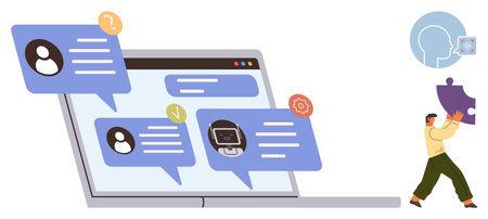 Laptop with chat bubbles displaying user interactions, messages, and chats. Person carrying puzzle piece emphasizes collaboration, support, and connection. Ideal for teamwork, technologyのイラスト素材