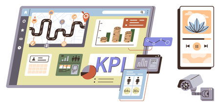 Analytical dashboard with KPI metrics, growth charts, maps, mobile app, graphs, and security camera interface. Ideal for business management, technology, strategy oversight workflow planningのイラスト素材
