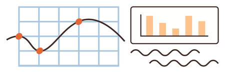 Line chart with plotted points, bar chart, and wavy lines indicating trends, statistics, or analytics. Ideal for data analysis, business growth, market research, forecasting trends educationのイラスト素材