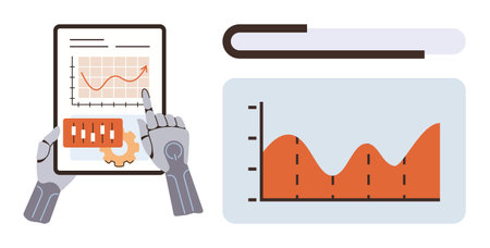 Robotic hands interacting with a tablet displaying business metrics, a gear cog, and a growth chart. Adjacent analytics graph shown digitally. Ideal for technology, data, automation, futuristicのイラスト素材