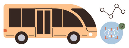 Modern public transport bus with doors, advanced vision technology, and network connections. Ideal for innovation, transport, smart cities, technology, mobility AI automation. Simple flat metaphorのイラスト素材