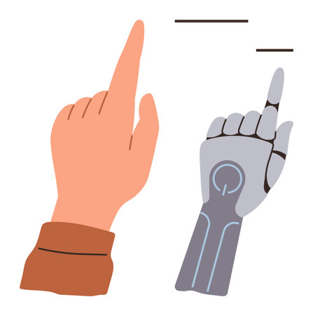 Human hand and robotic hand both pointing upwards, emphasizing technology and human synergy. Ideal for innovation, artificial intelligence, future, teamwork, education, adaptability progress. Simpleのイラスト素材
