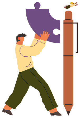 Person holding large puzzle piece next to tall pen, symbolizing problem-solving, innovation, creativity, teamwork, idea sharing, growth mindset, abstract concepts. Ideal for brainstormingのイラスト素材