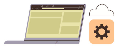 Laptop with webpage layout, cloud outline, and settings gear symbolizing web development, cloud storage, technical setup, data synchronization, software management, technology, and online servicesのイラスト素材