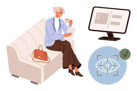 Senior woman on couch holding paper and coffee cup, computer and eye recognition visual nearby. Ideal for technology, security, senior lifestyle, healthcare, digital surveillance, identityのイラスト素材